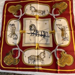 HERMES 1962 HERMES BURGUNDY GRAND APPARAT BY JACQUES EUDEL SILK SCARF